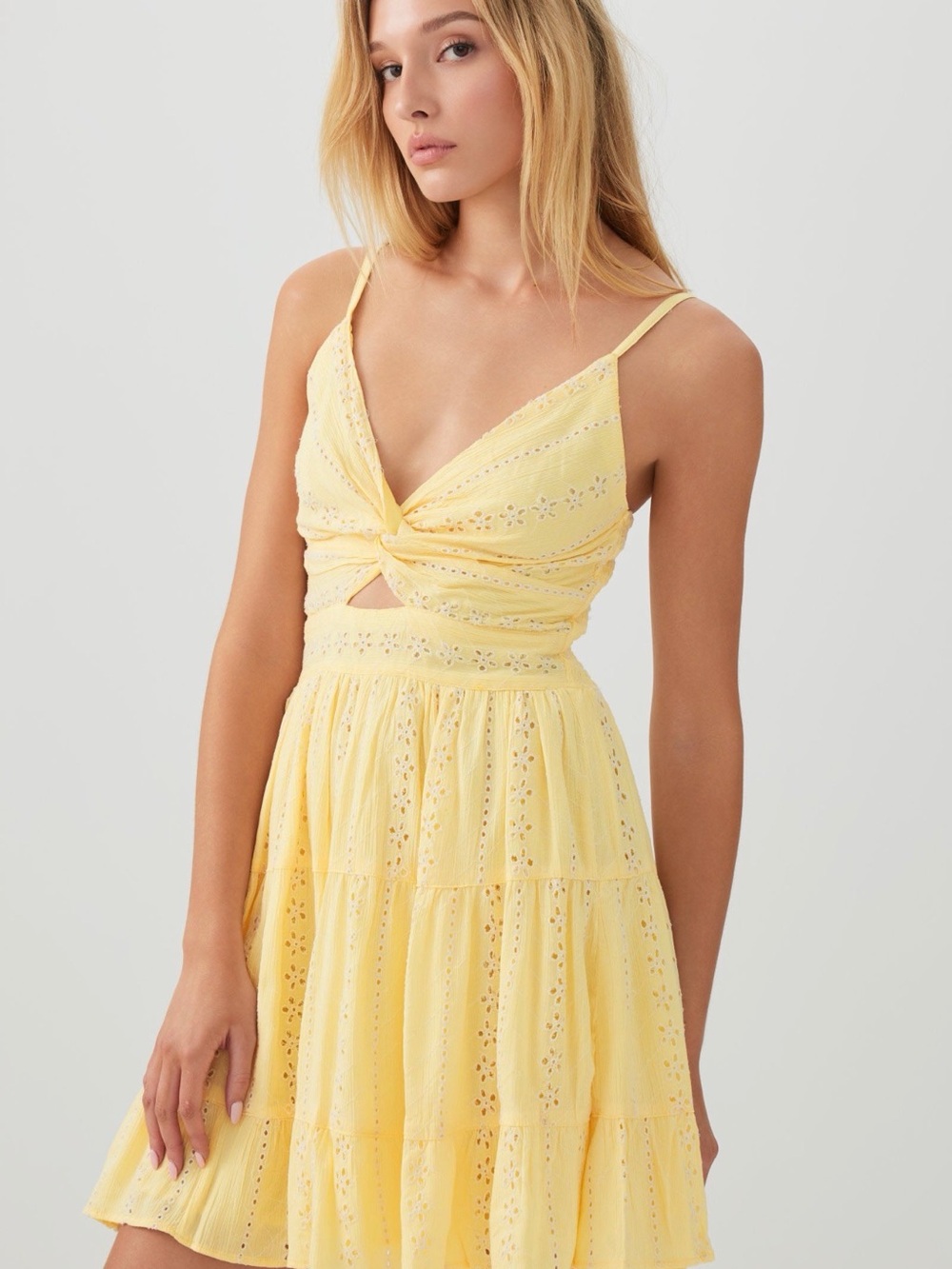 Twist Front Eyelet Mini Dress in Light Yellow